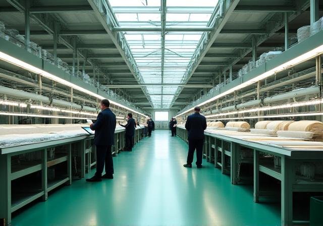 Clean modern textile factory floor with digital monitoring systems